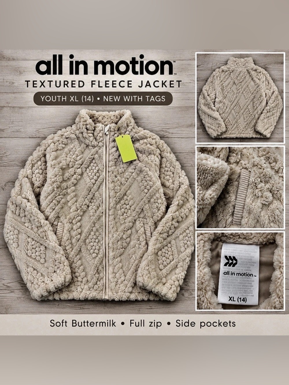 All in Motion Cream Textured Fleece Jacket 🤍 Youth XL (14) • NWT